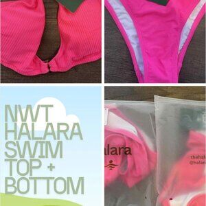 NWT Hot Pink Halara Ribbed Halter Bikini Top +  Bikini Bottom (medium)